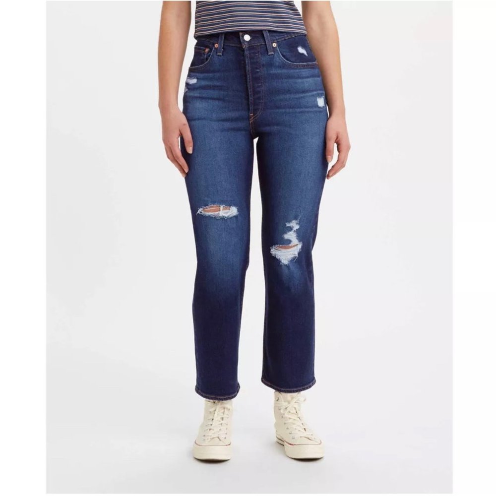 Levi's Womens Ultra-High Rise Ribcage Straight Jeans Destructed Dark Indigo 28/6